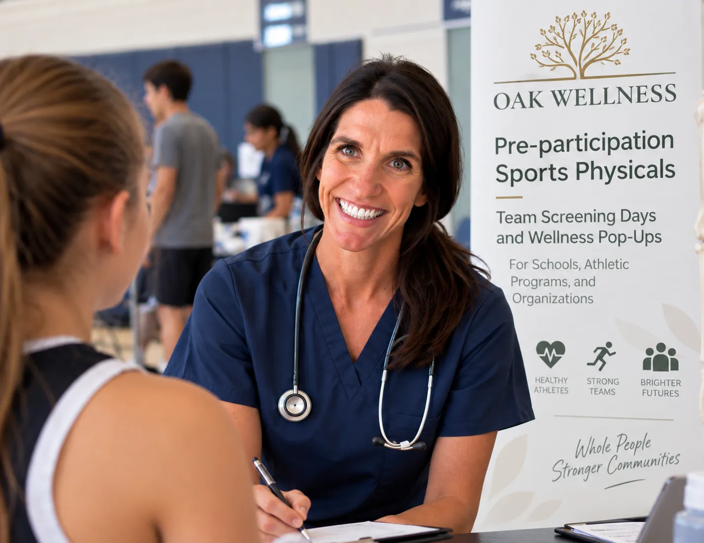 Kristin at a sports physicals event, talking with a student athlete beside an Oak Wellness banner