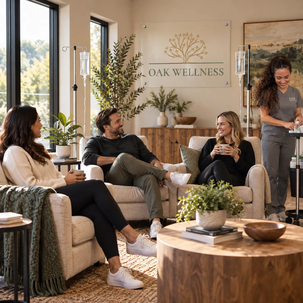 Three guests relaxing in armchairs beneath an Oak Wellness sign while a nurse prepares IV supplies